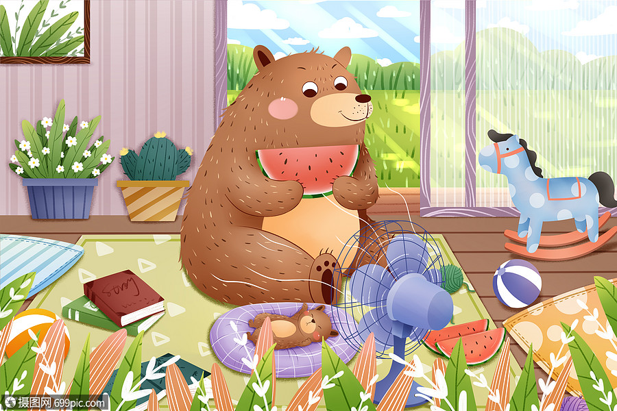 24节气之大暑室内避暑熊吃西瓜插画