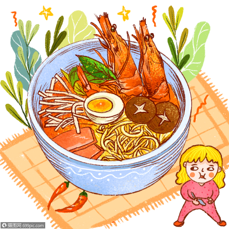 泡面冬阴功虾午餐肉冬菇鸡蛋美食卡通人物手绘插画可爱