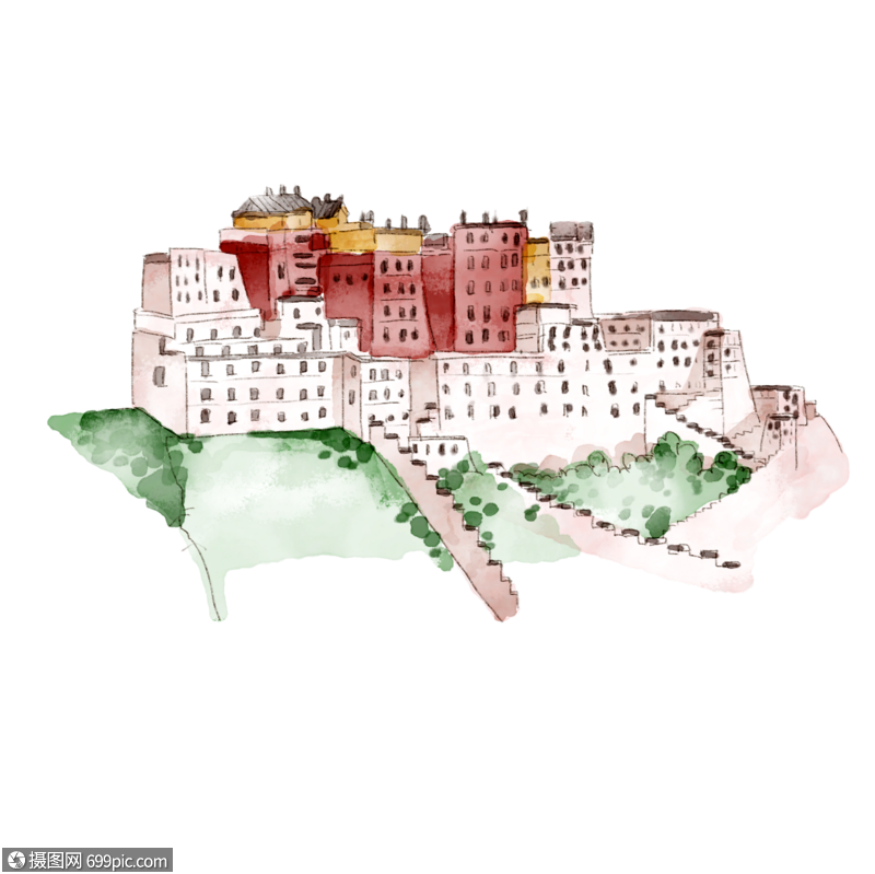 手绘布达拉宫建筑旅行