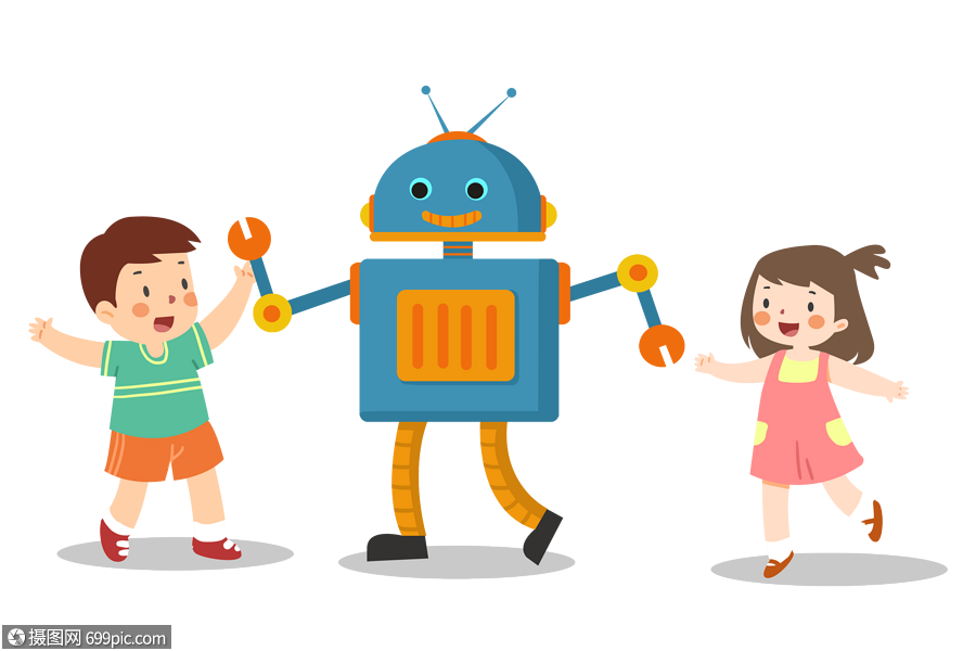 免抠元素 手绘/卡通元素 手绘和机器人手拉手的小朋友.psd