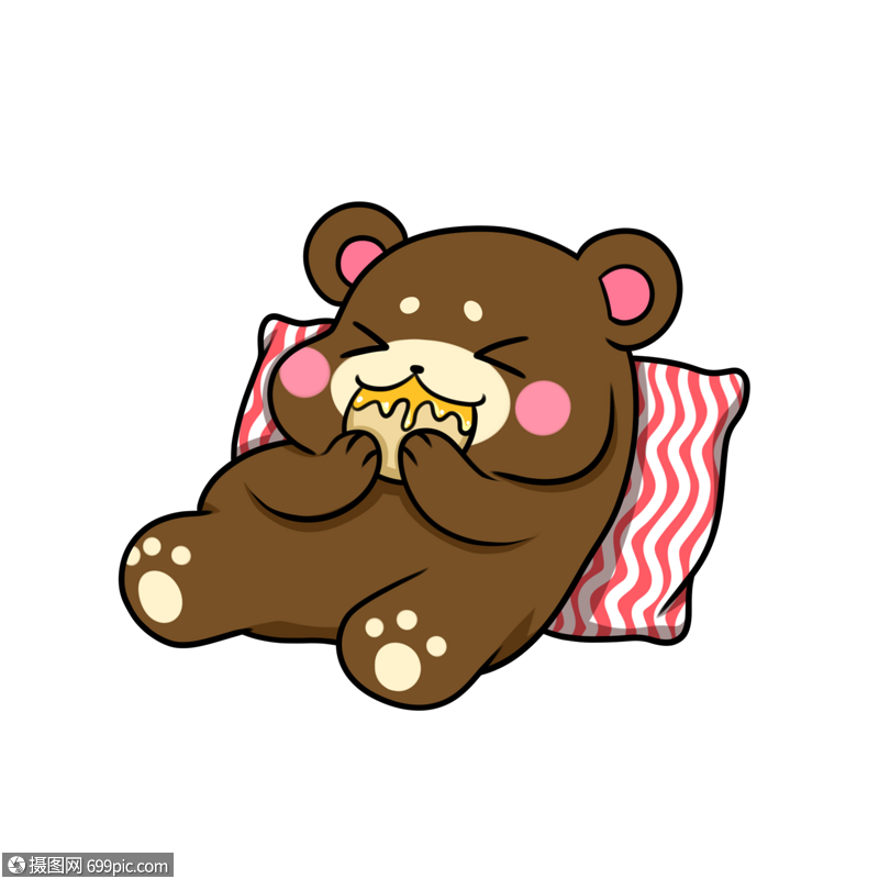 夏天慵懒躺枕头上的吃蜂蜜松饼的小棕熊