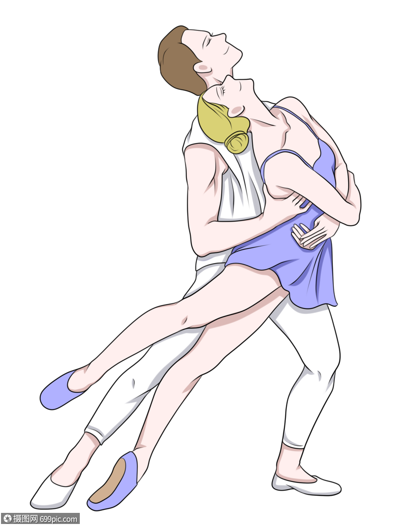 免抠元素 手绘/卡通元素 蓝白色芭蕾舞裙双人舞者.png
