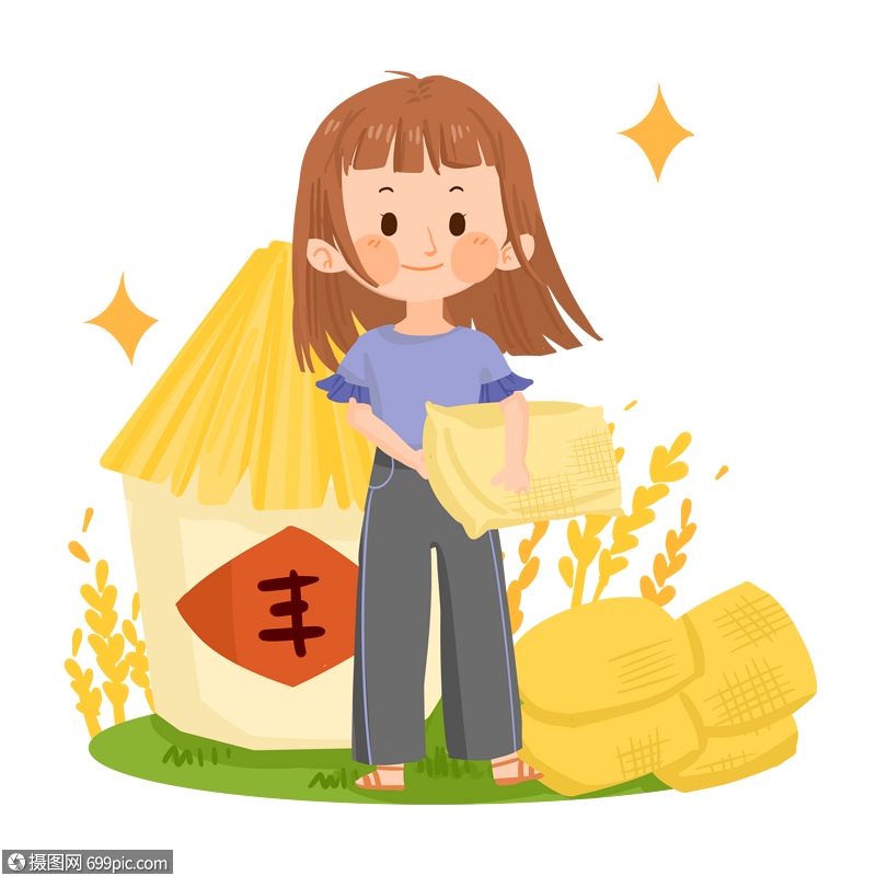 秋天卡通女孩搬运稻谷