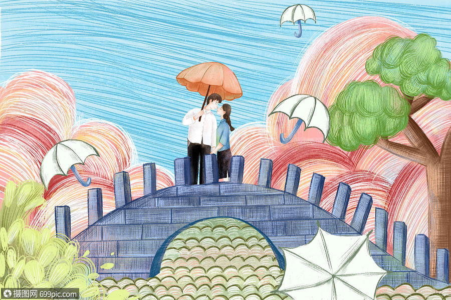 站在桥上接吻的情侣蓝天爱情