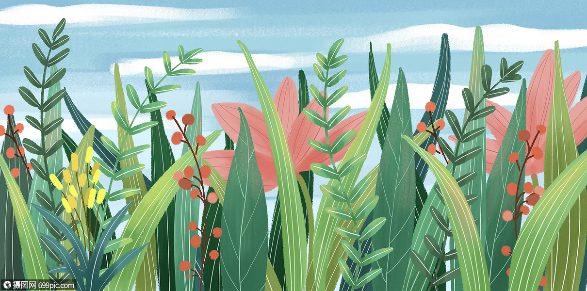 手绘小清新夏天绿植插画