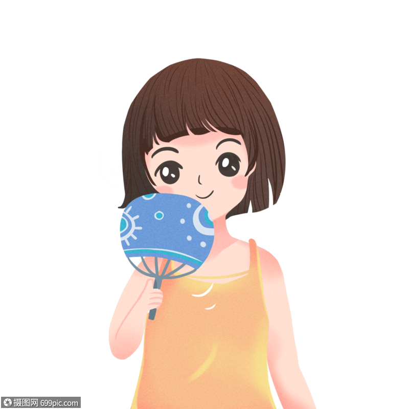 免抠元素 手绘/卡通元素 拿着扇子的女孩.png