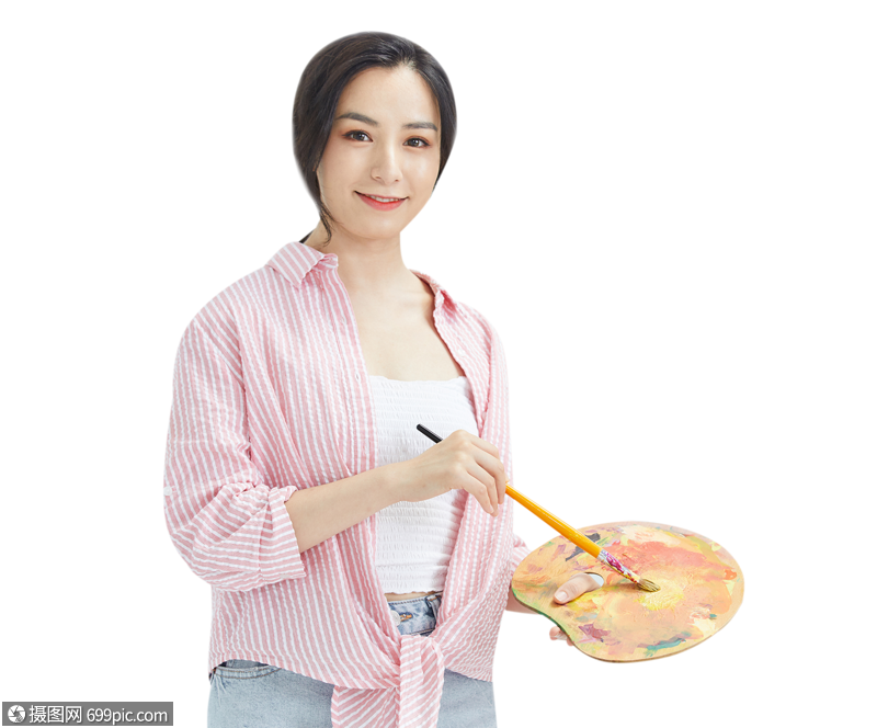 美女画家手拿调色板和画笔