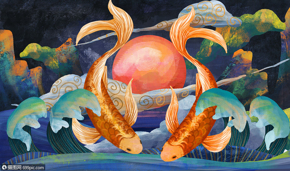 重彩金鱼海浪中国风国潮图腾鱼插画