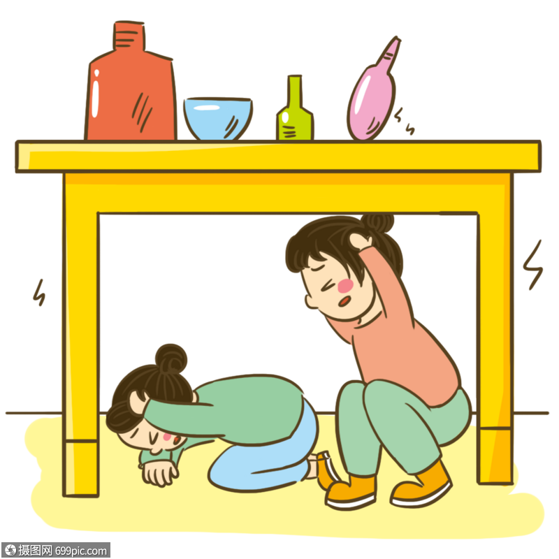 地震自救躲在桌子下场景