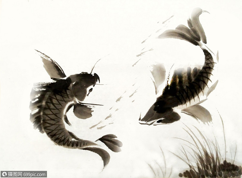 双鱼图写意戏水高清图片素材