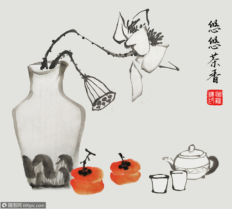 茶趣国画小鸟高清图片素材