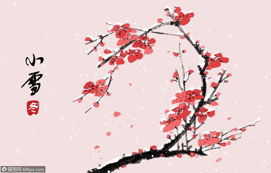 插画 情感表达 古风美女 中国风冬天小雪梅花插画.psd