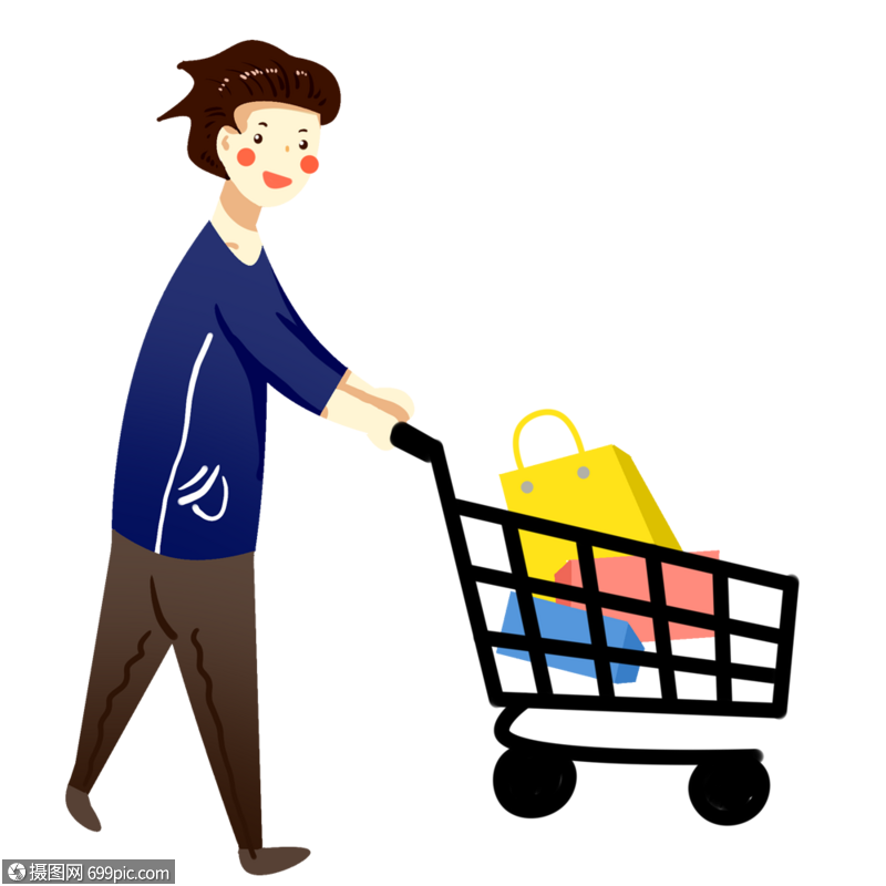 免抠元素 手绘/卡通元素 推着购物车的男孩.png