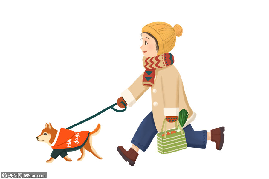 冬天遛狗的女孩女生冬季