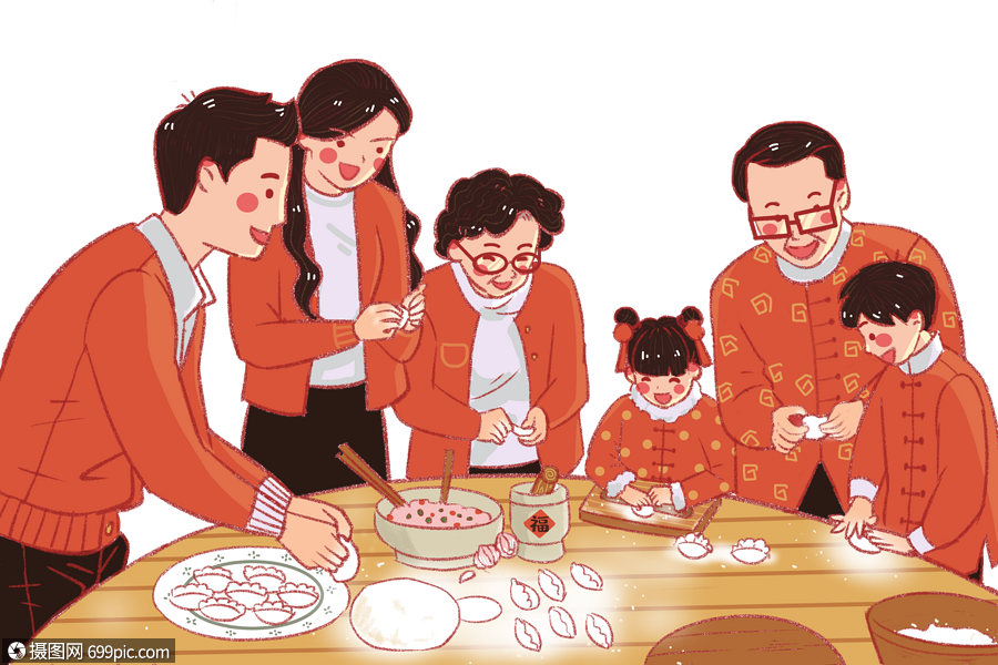 一家人包饺子绘画图片