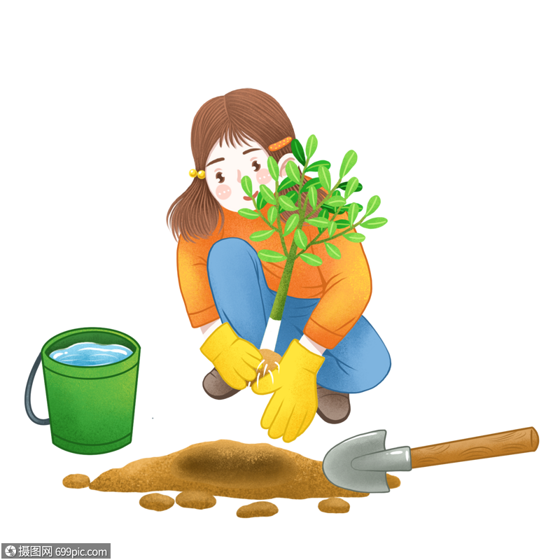 卡通女孩挖树坑