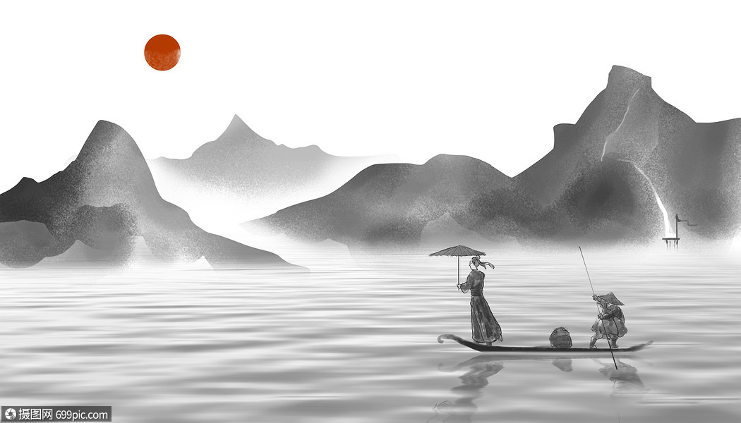 黑白山水画国画船夫