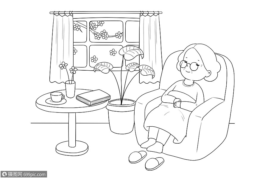 在沙发上睡觉的老奶奶简笔画儿童插画