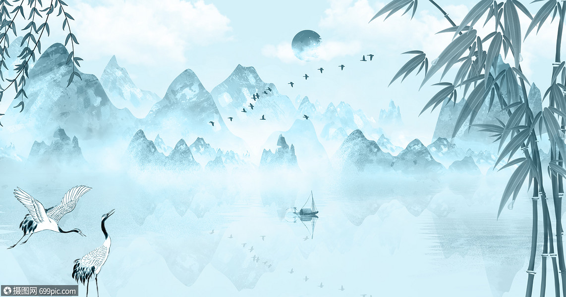 中国风背景山河竹子