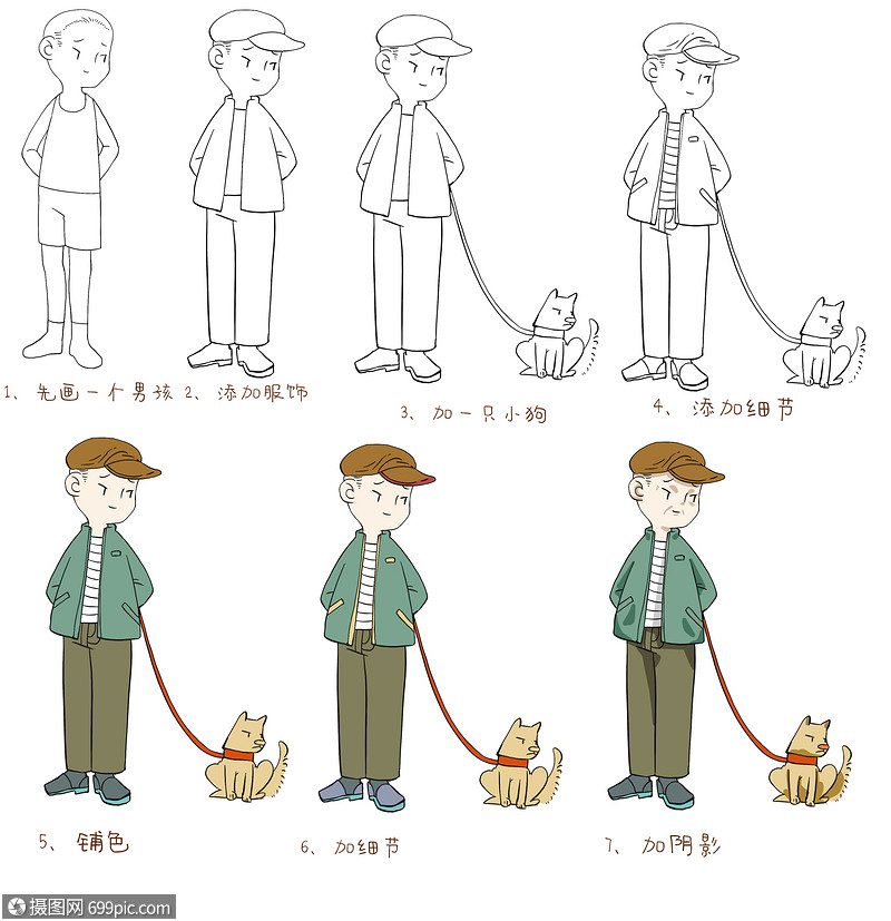 遛狗的老爷爷简笔画教程