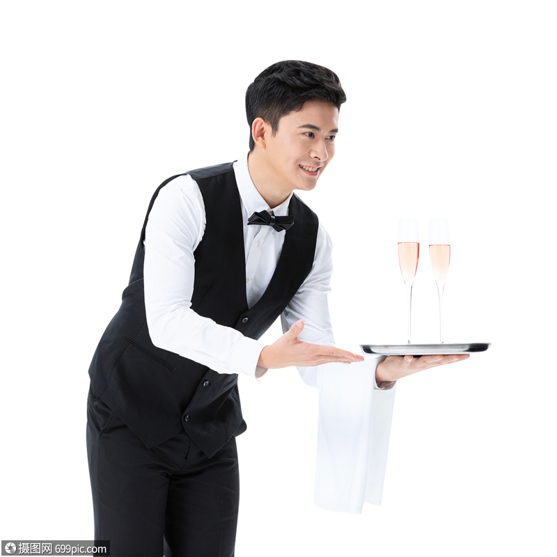 手捧香槟杯服务的男性服务员托盘餐饮