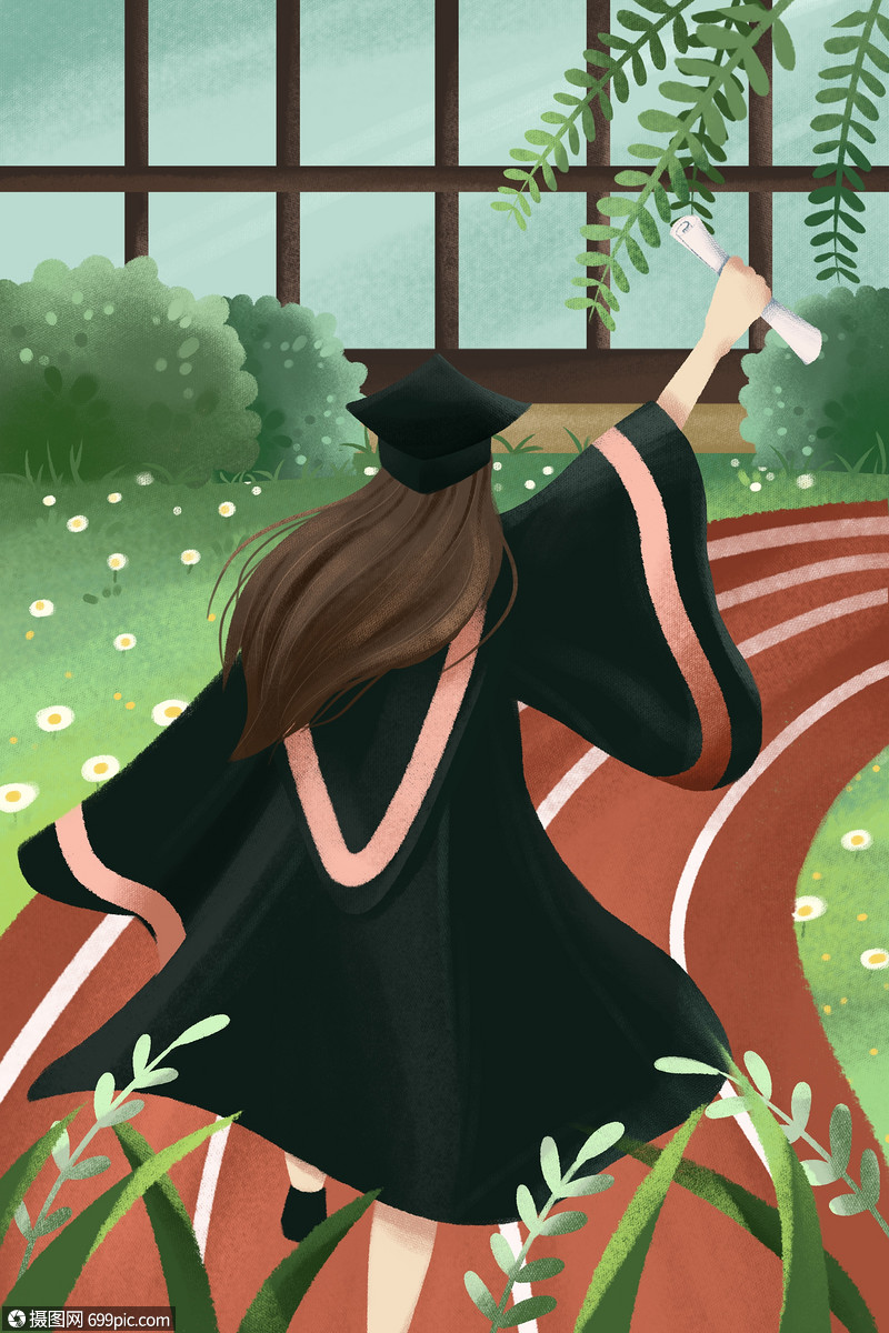 毕业季穿学士服奔跑的女孩青年朝气活力