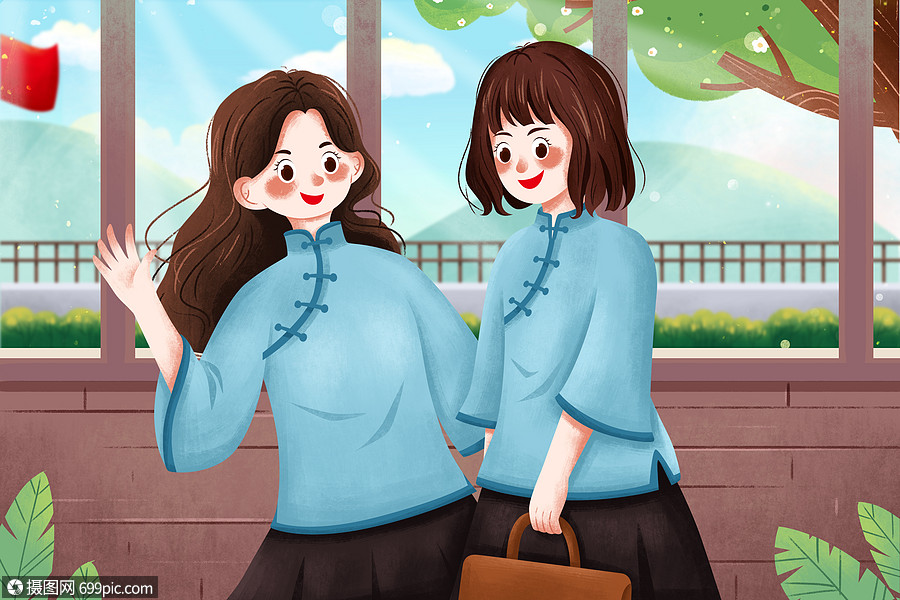 54青年节穿民国服饰学生插画5月4日植物