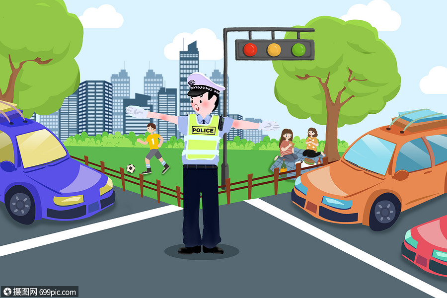 插画 节日节气 红色背景 五一指挥交通的警察.psd