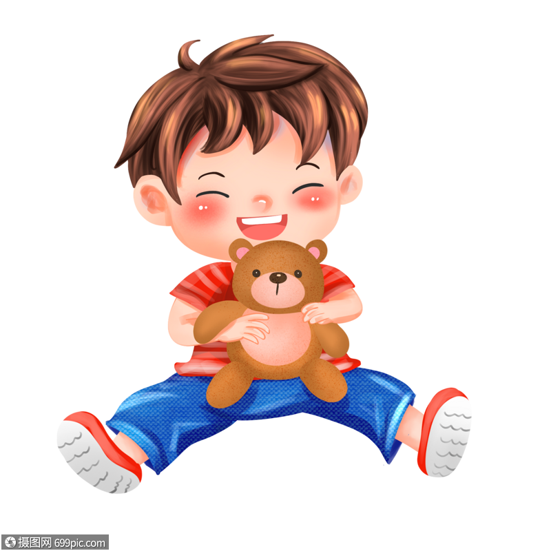 抱着玩具熊的快乐的男孩卡通幼儿