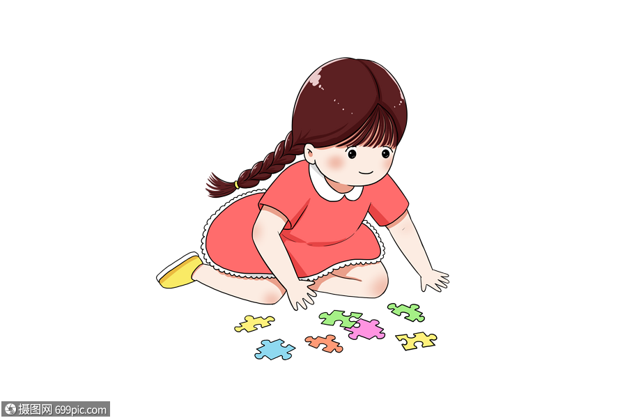 玩拼图的小女孩儿童节卡通人物