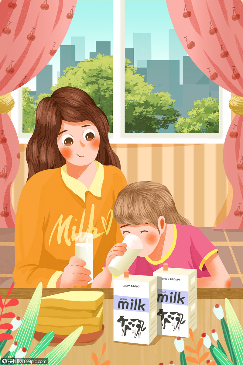 卡通世界牛奶日早餐喝牛奶插画竖图手机壁纸