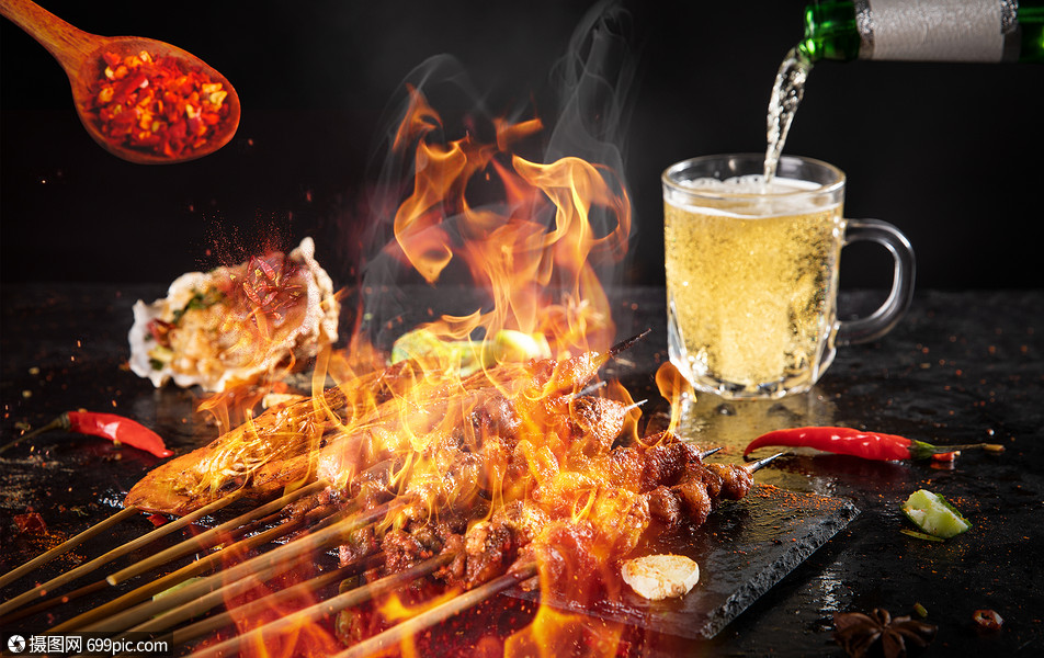 烧烤美食场景烤肉火焰