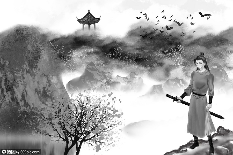 水墨古风剑客水墨风景画山景画