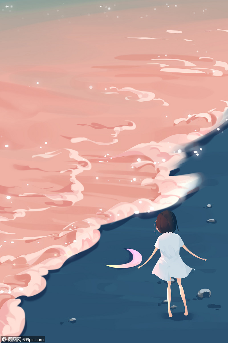 夏日夜晚海边少女手机壁纸