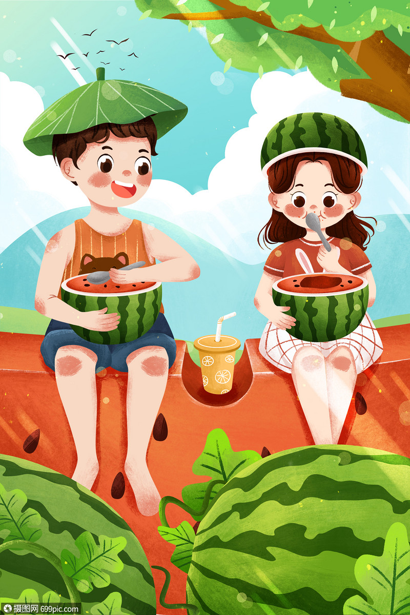 二十四节气夏至吃西瓜孩子们插画