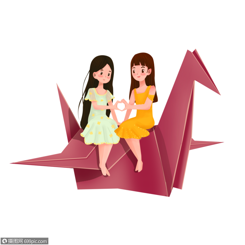 坐在千纸鹤上的女生池塘爱心