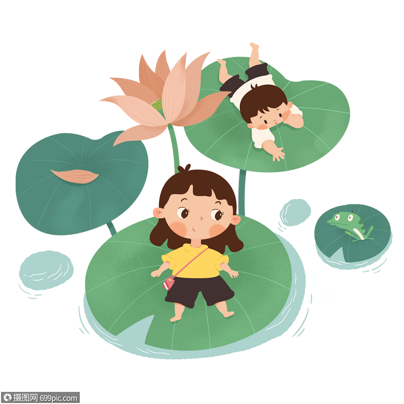 荷叶上的孩子女孩池塘