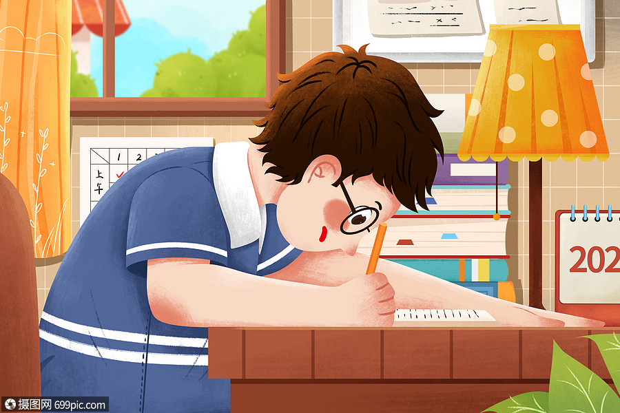 亚健康近视眼低头写作业孩子插画台灯书堆