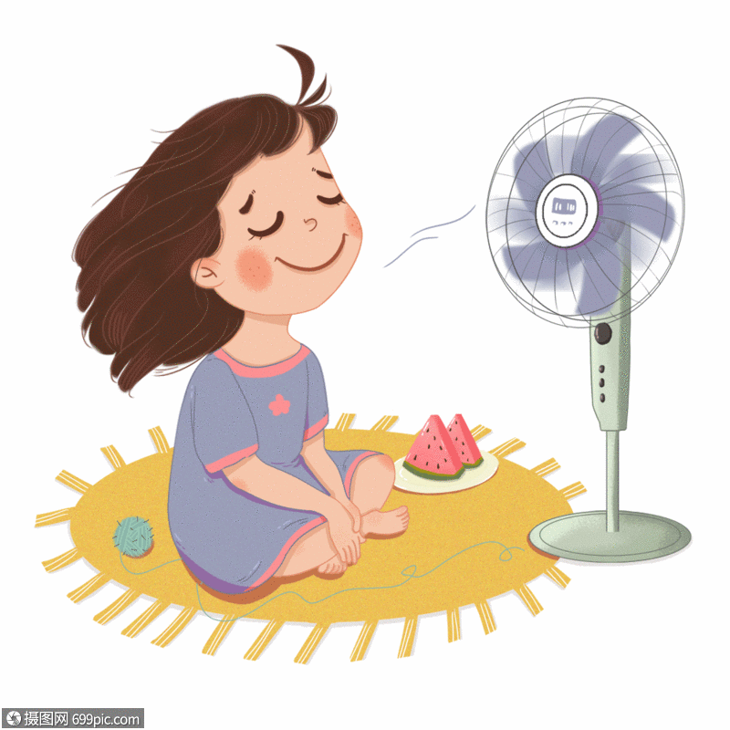 大暑夏天吹风扇的小女孩gif凉快西瓜