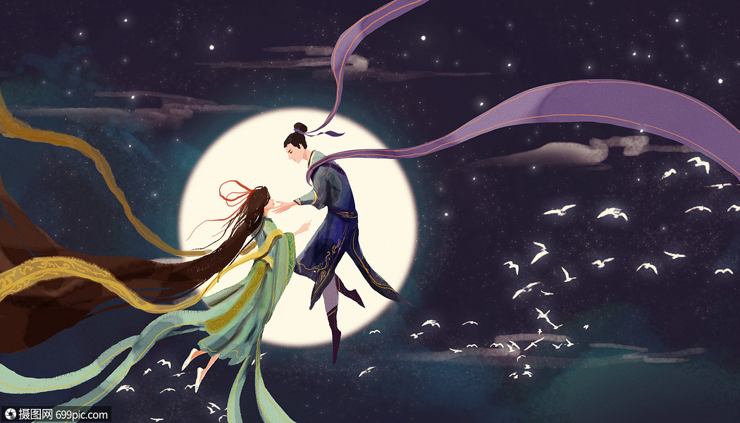 七夕牛郎织女相会插画图片下载-正版图片401770908-摄图网