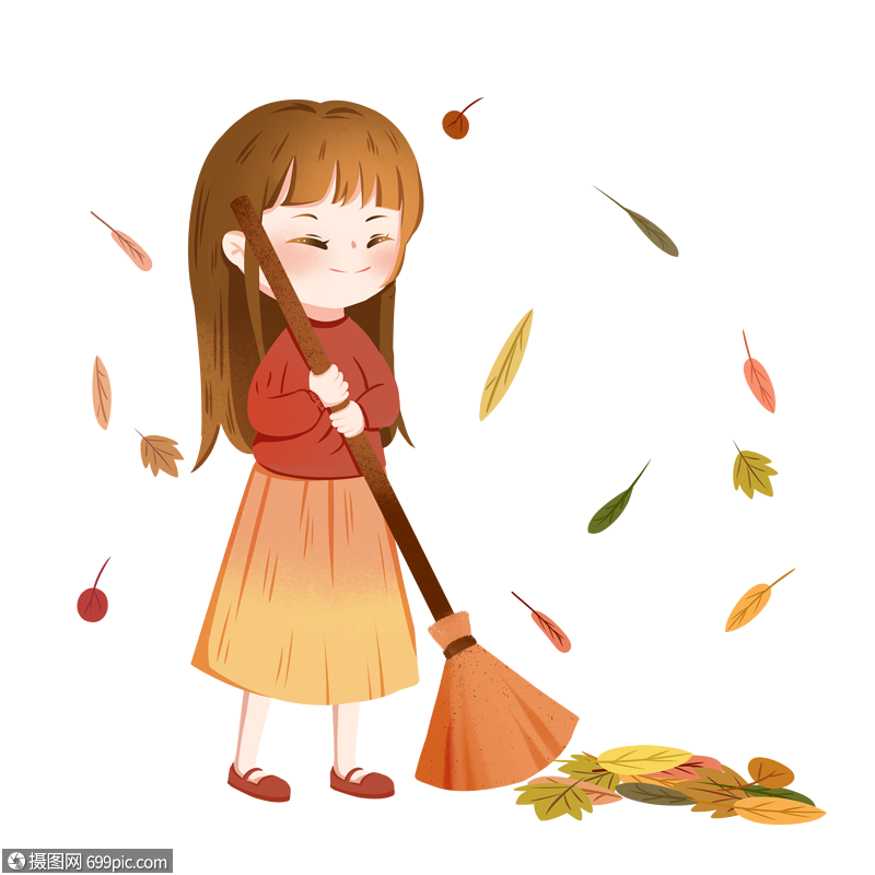 免抠元素 手绘/卡通元素 扫落叶的女孩.psd