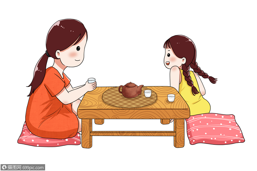 喝茶的母女喝伏茶立秋