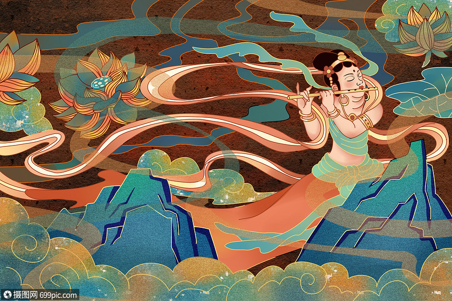 敦煌升天中国风国潮装饰插画炫彩仙女
