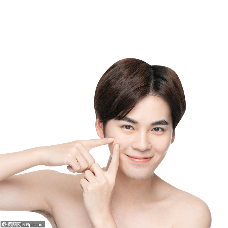 青年男性用手挤痘痘脸部素材
