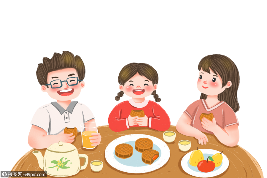吃月饼的一家三口中秋卡通
