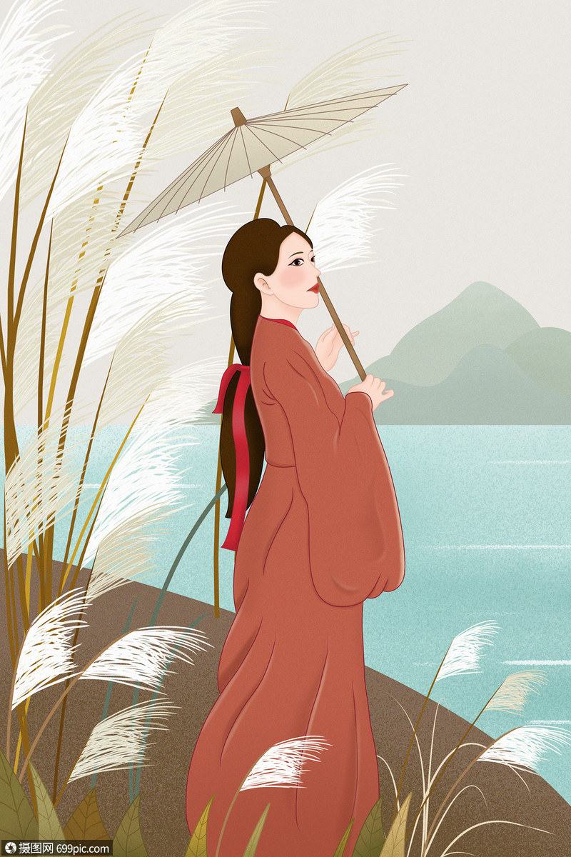 白露节气站在江边芦苇丛中的古风女子秋季油纸伞