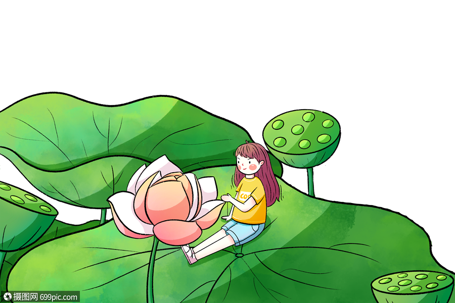 荷花女孩荷叶莲蓬图片