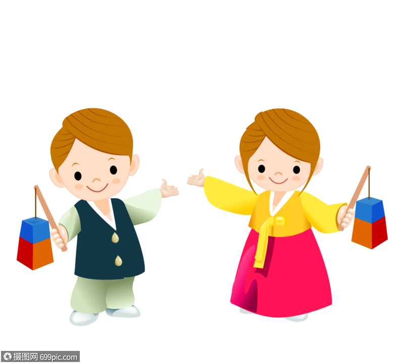 穿着韩服卡通服务员迎接客人