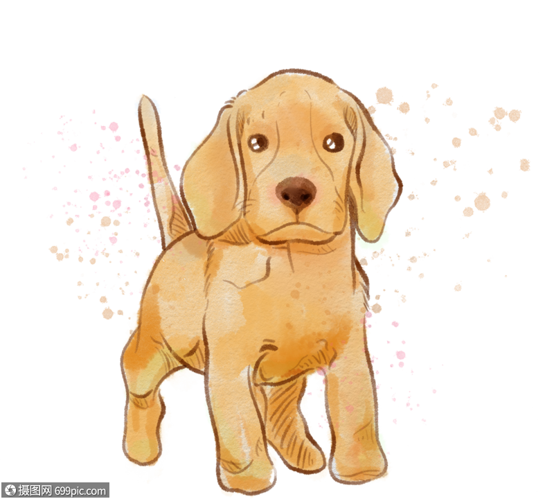 免抠元素 手绘/卡通元素 黄色金毛狗喷溅水彩元素.psd