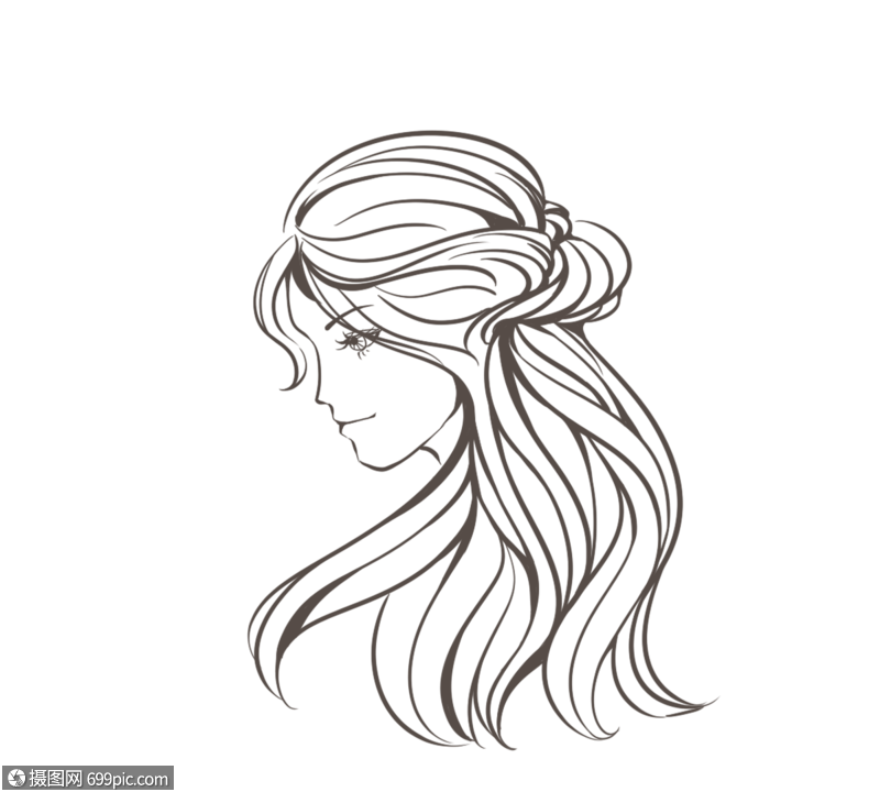 创意手绘线条咖啡色卷发女人侧脸